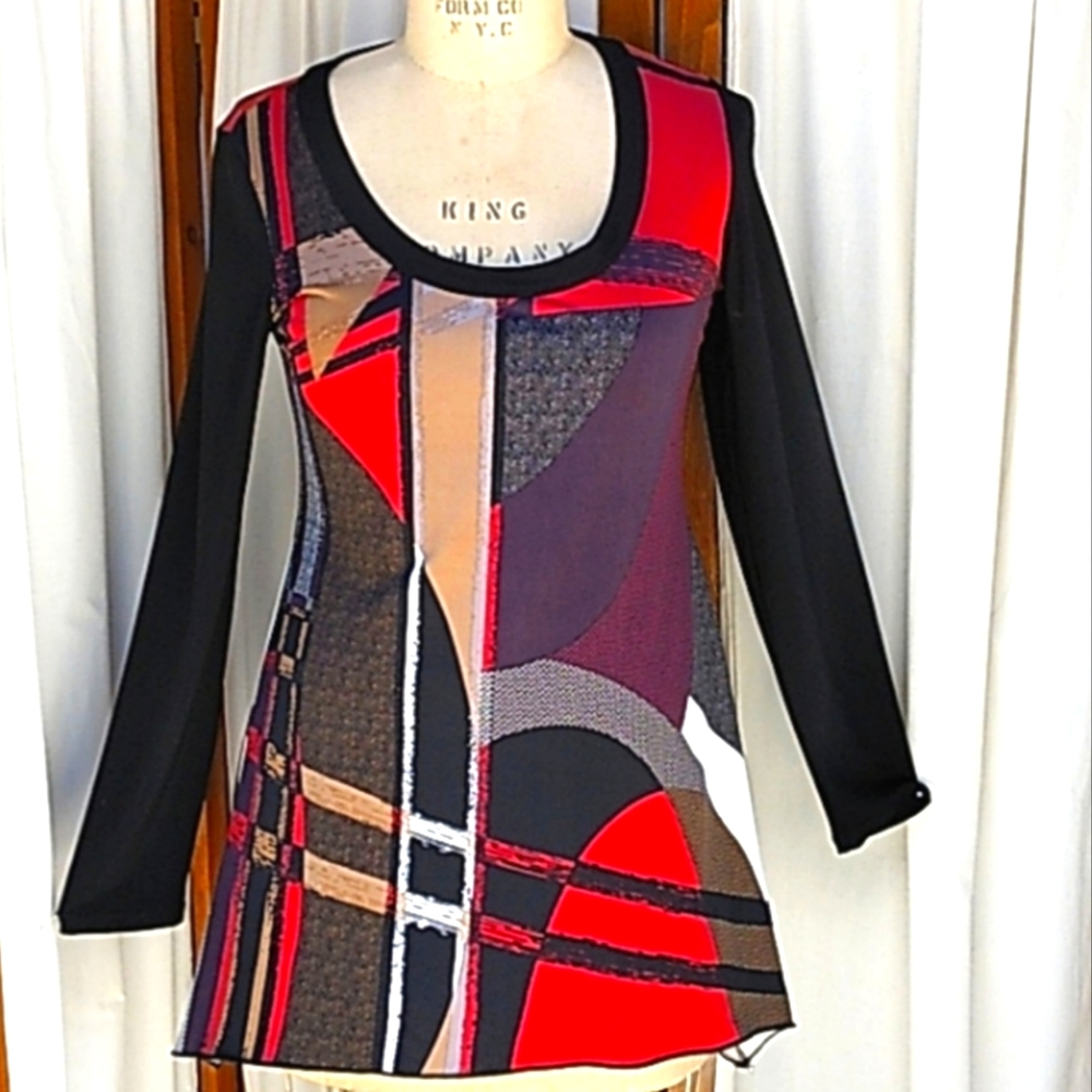 Sophie A Red Black Multi Colored Tunic Blouse Size Medium